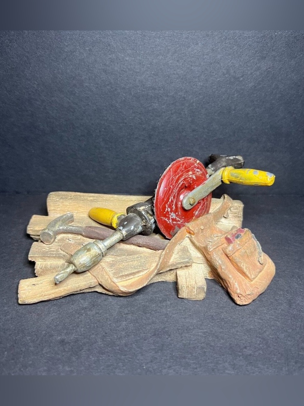 VTG 1999 Keypoint Handcrafted Hand Drill, Hammer, Tool Bag & Wood Planks Figure